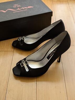 Nina Black Satin Peep Toe Heels with Rhinestone Diamond Buckle